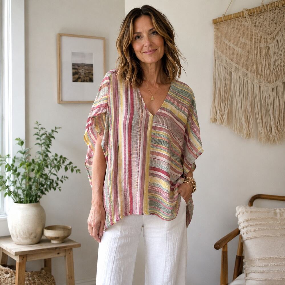 Natural Reflections Striped Kimono Poncho Top One Size Fringe Cotton Viscose